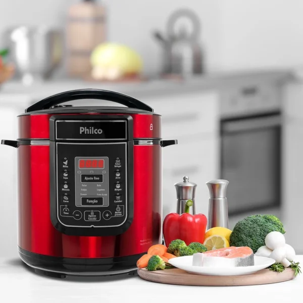 Dê uma olhada em Panela de Pressão Digital Philco 6L Inox Vermelha por R$399,90.