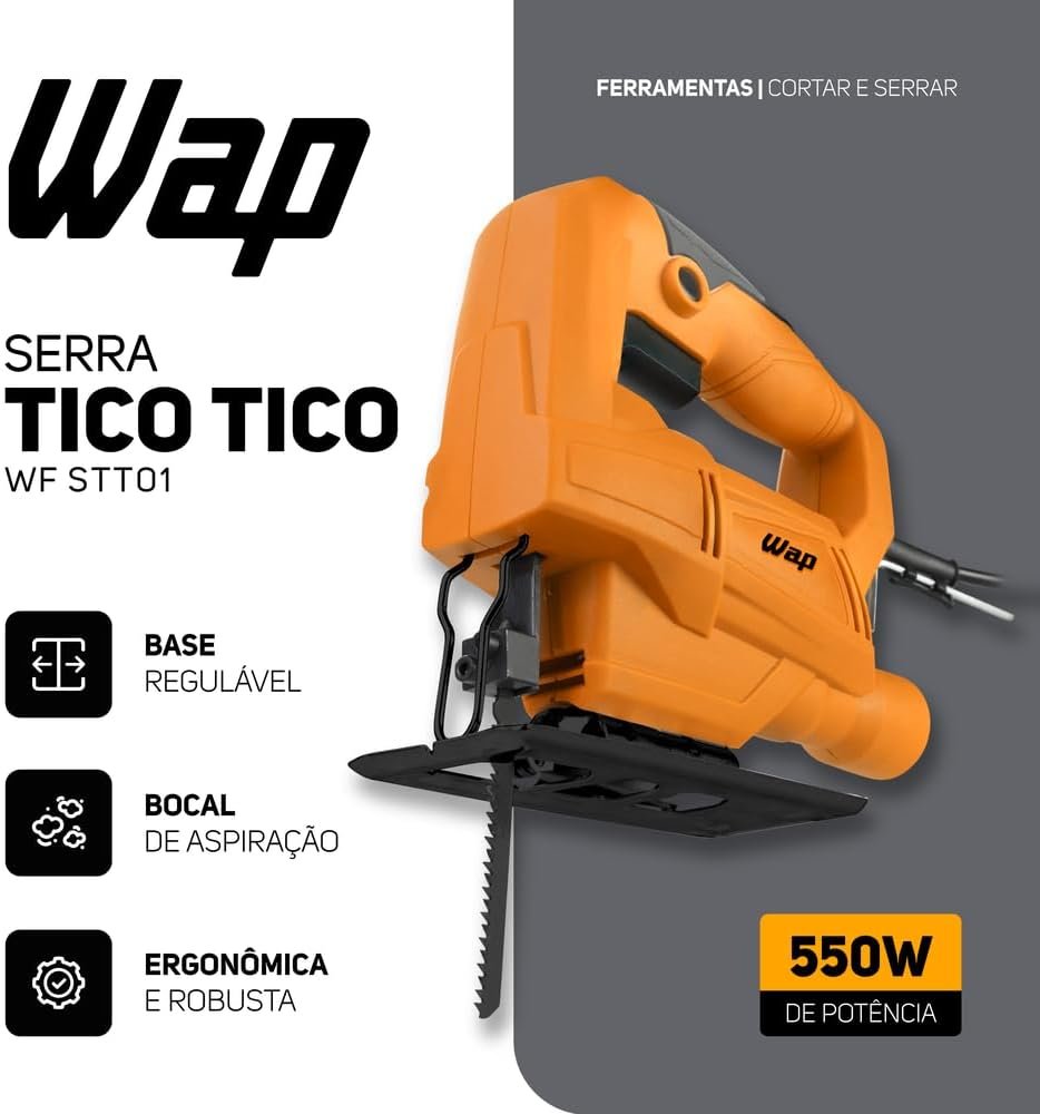 WAP Serra Tico-Tico WF STT01 550W com Base Regulável 0° a 45°, Bocal de Aspiração e Lâmina Inclusa, Corte até 55 mm em Madeira, 127V.