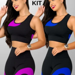 Kit 2 Conjuntos Academia Feminina – Top + Short Cintura Alta e Modeladora.