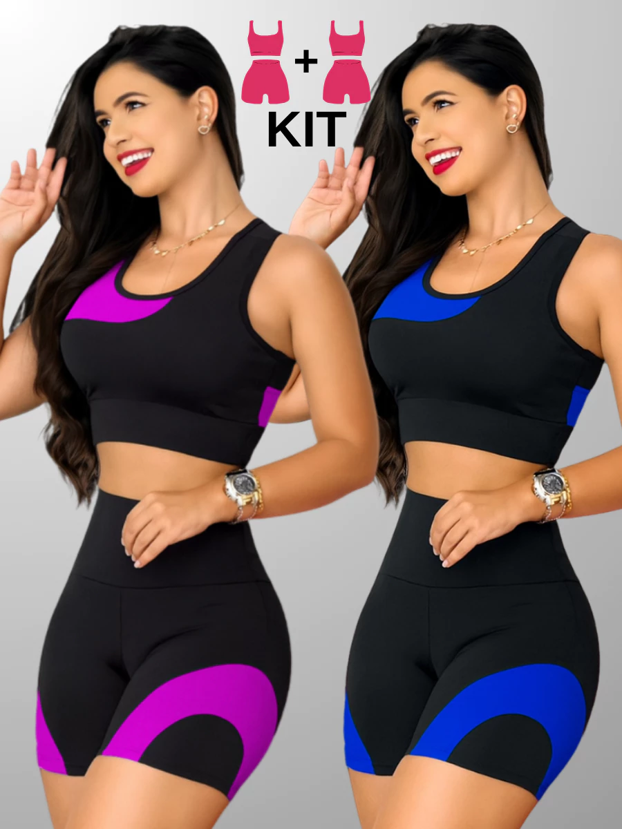 Kit 2 Conjuntos Academia Feminina – Top + Short Cintura Alta e Modeladora.