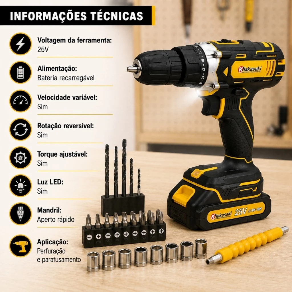 Parafusadeira Furadeira 25V Nakasaki Sem Fio a Bateria Profissional Kit Completo com Maleta. - Imagem 2