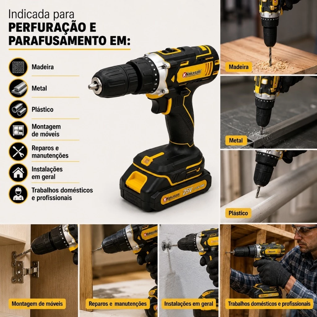 Parafusadeira Furadeira 25V Nakasaki Sem Fio a Bateria Profissional Kit Completo com Maleta. - Imagem 3