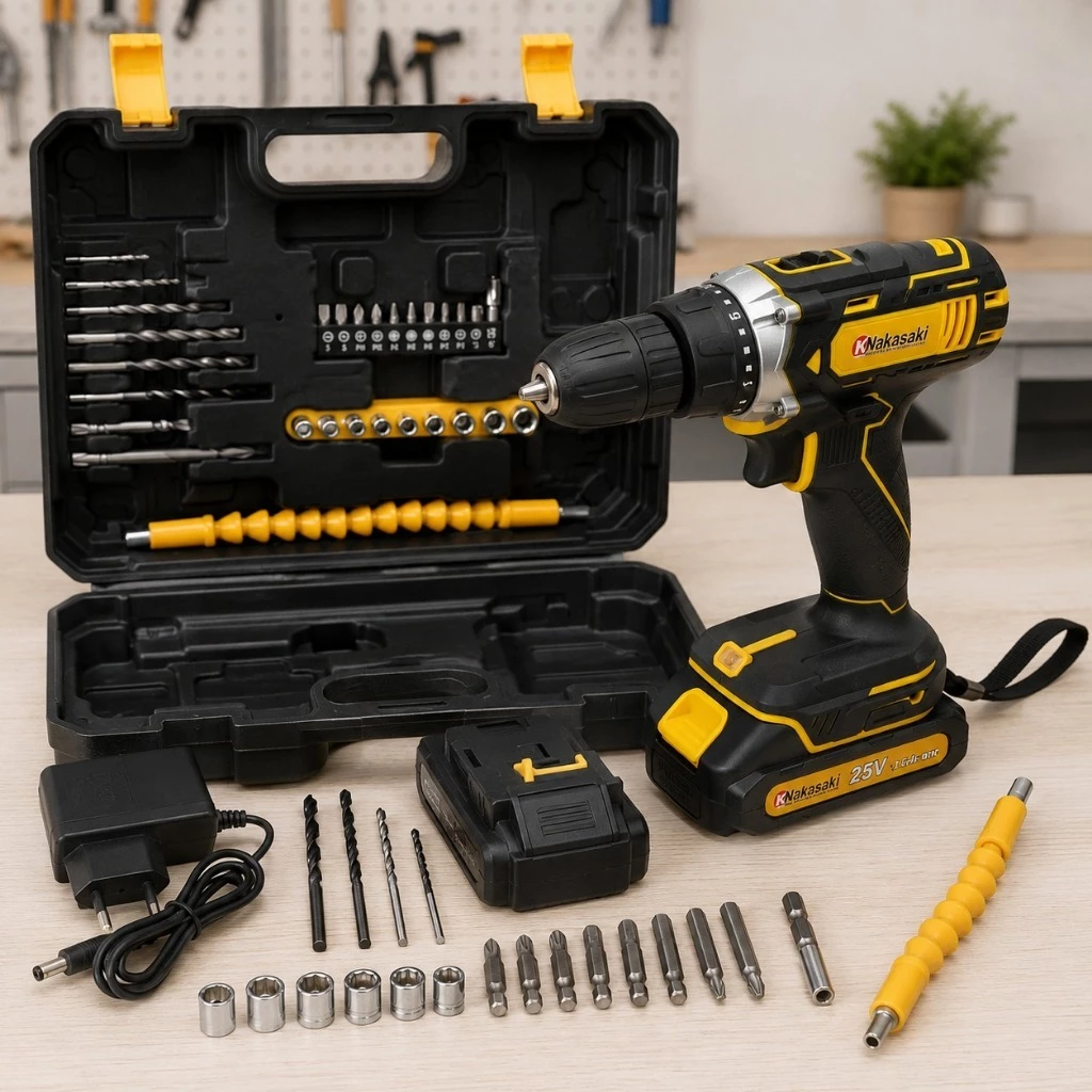 Parafusadeira Furadeira 25V Nakasaki Sem Fio a Bateria Profissional Kit Completo com Maleta.