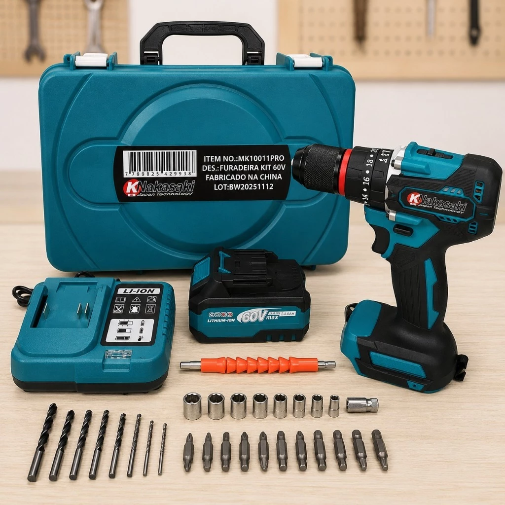 Parafusadeira Furadeira de Impacto 60V Brushless Nakasaki 55Nm Profissional + Maleta.